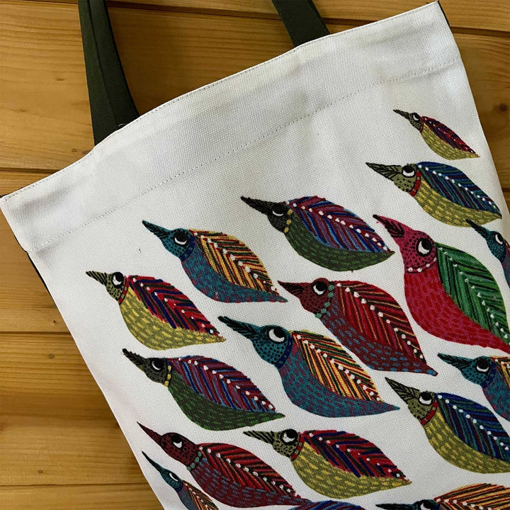 Hand-Painted Gond Art Folk Bird Harmony Canvas Tote Bag