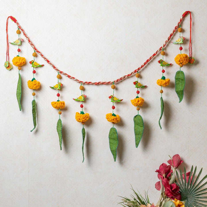 49 Inch | Intricate Realistic Crochet Ashok Patta Marigold And Parrot Cotton Toran