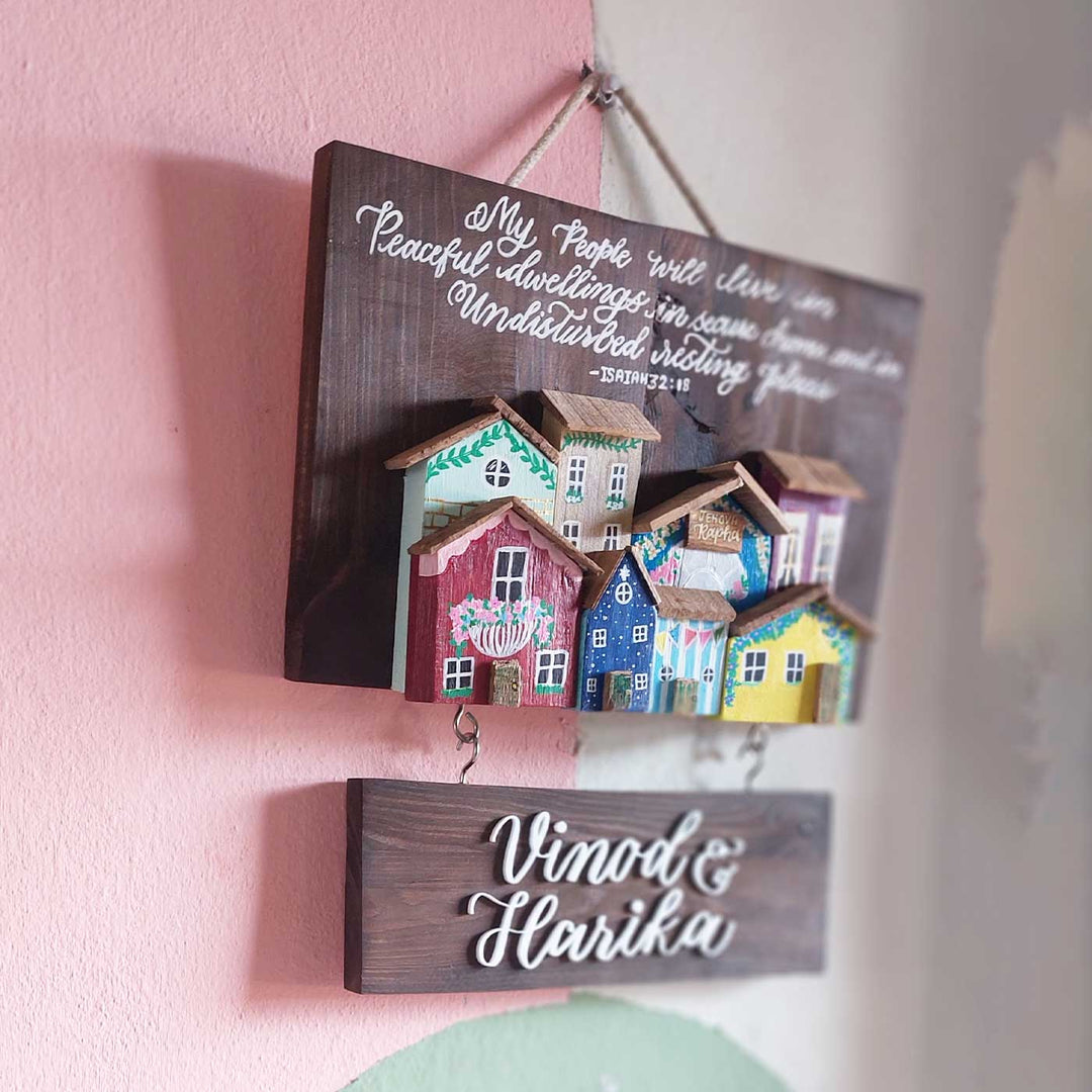Personalized Houses Theme Pine Wood Name Plate