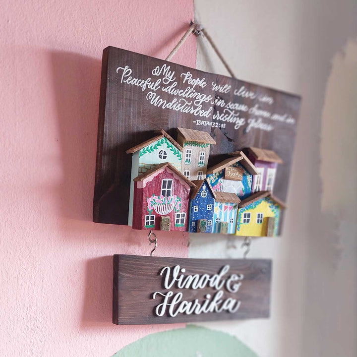 Personalized Houses Theme Pine Wood Name Plate