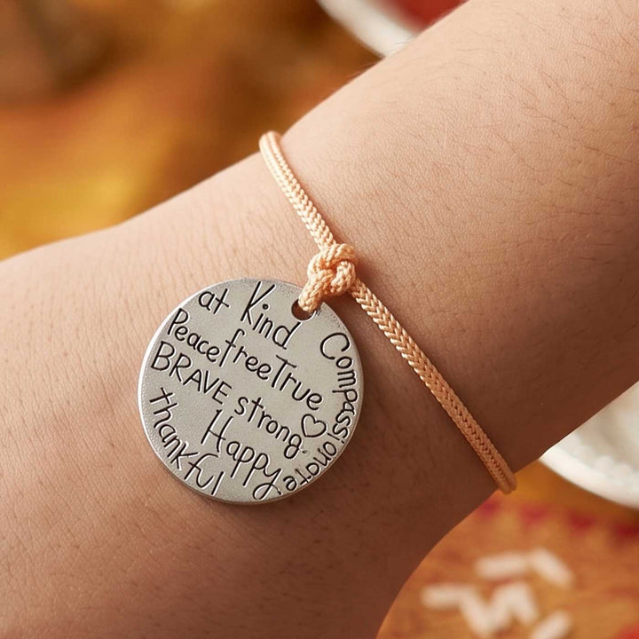 Engraved "Kind Brave Strong Happy" Quote Metal Charm Rakhi With Roli Chawal for Brother