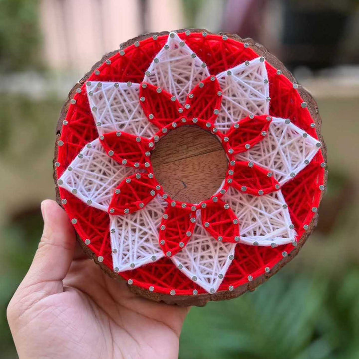 Handmade String Art Red And White Flower Design Mdf Wood Tealight Holder