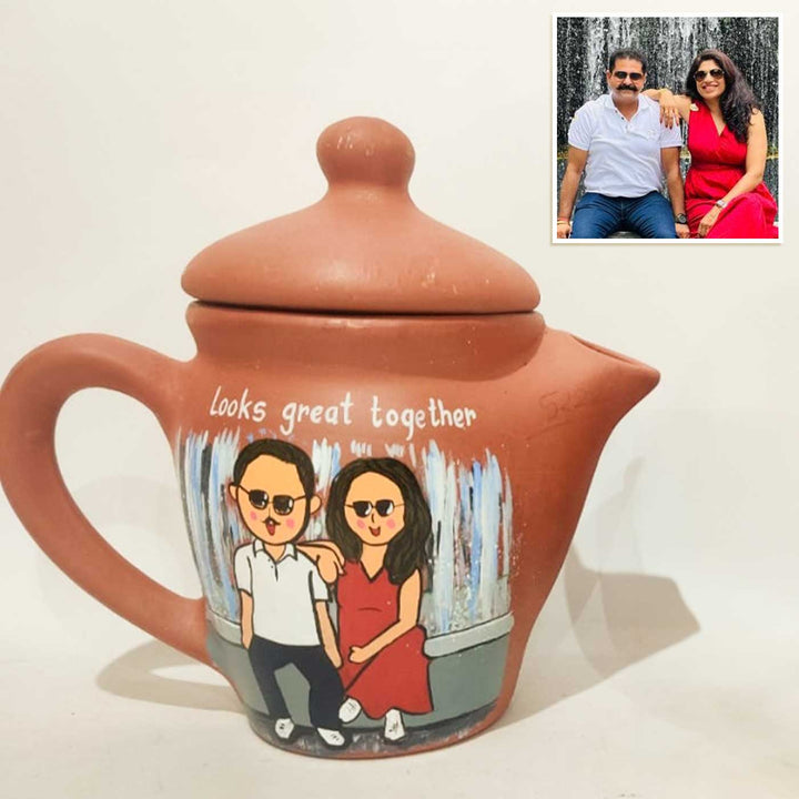 Milestone Anniversary Gift | Handpainted Clay Teaset With Photo Based Caricature