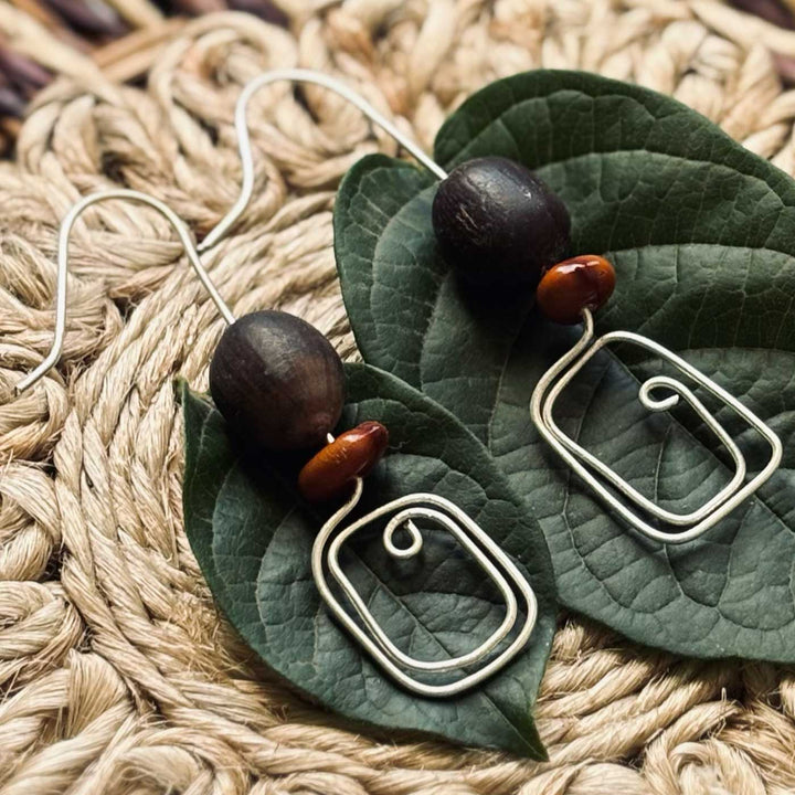 Handmade Brown Square Reetha & Amaltaas Seed Earrings