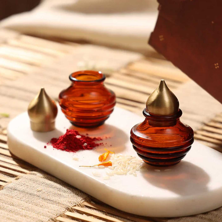 Set Of 2 | Mini Kalash Design With Lid Roli Chawal Glass Container