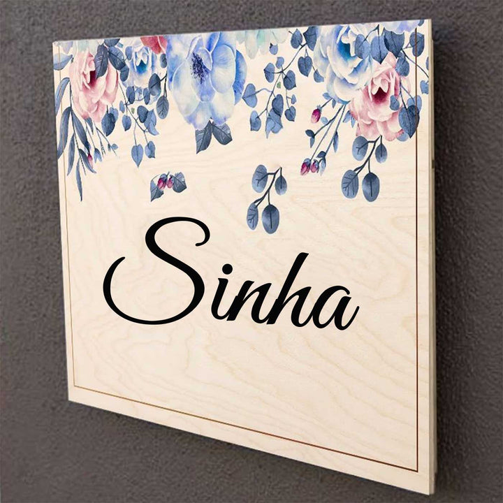Printed Blue Spring Floral Wooden Rectangle Nameplate - Front View Hanging on Wall