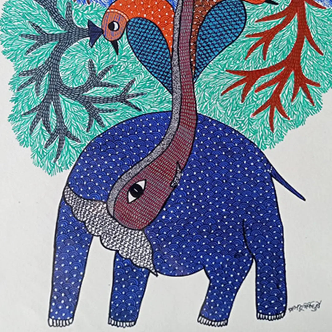 16 x 23 Inch | Elephant & Peacock | Original Hand Painted Tribal Gond Art Painting | Acrylic Paint On Paper
