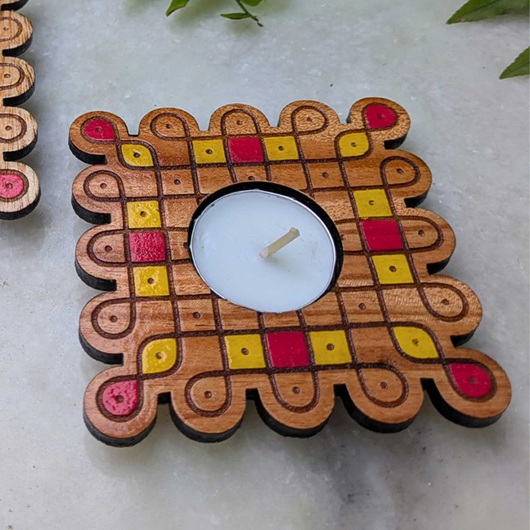 4 pc | Looped Square Hand-Painted Engraved Mahogany Wood Kolam Tealight Holders