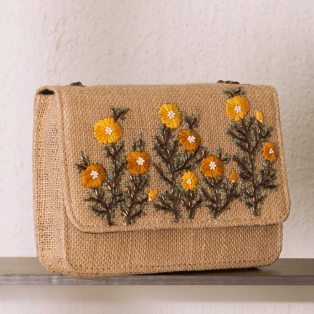 Personalized Embroidered Buttercups Beige Flap Bag