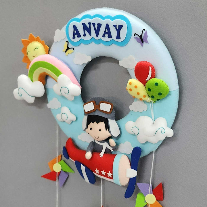 Personalized Aeroplane Theme Felt Kids Name Plate