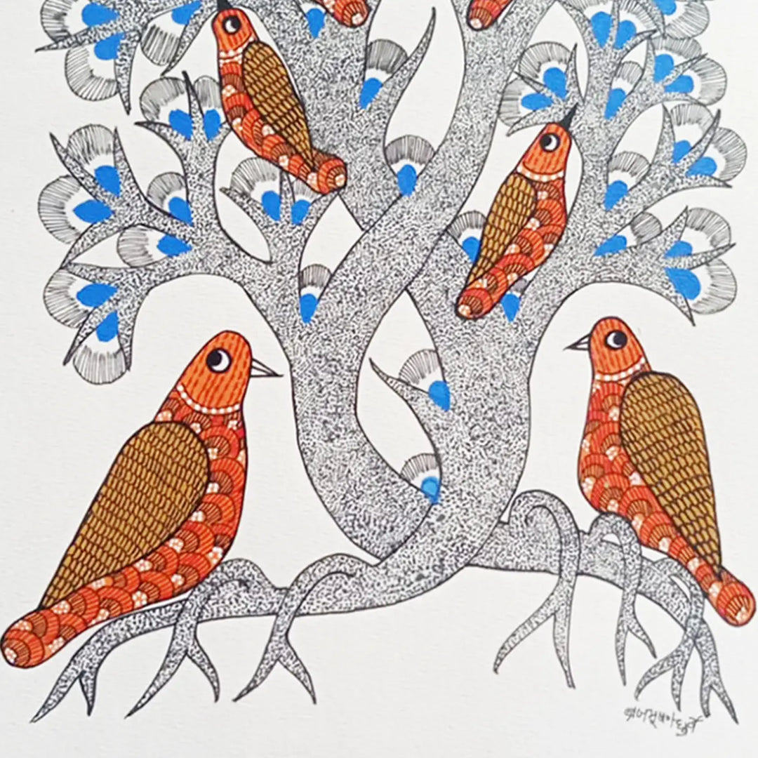 11 x 16 Inch | Birds On Tree | Original Hand Painted Tribal Gond Art Painting | Acrylic Paint On Paper