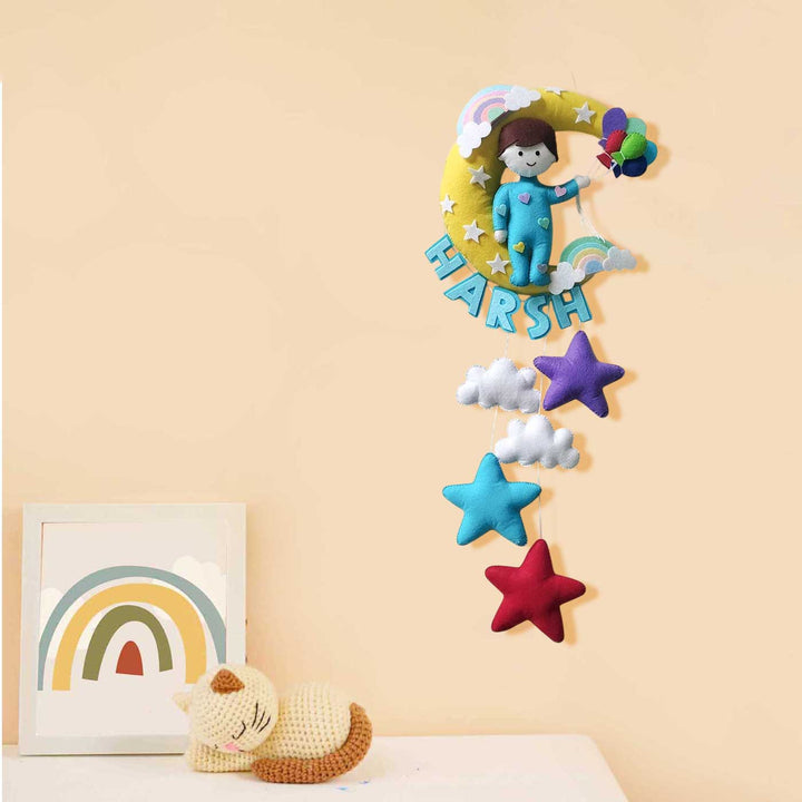 Personalized Handmade Boy On The Moon Design Felt Kids Name Plate
