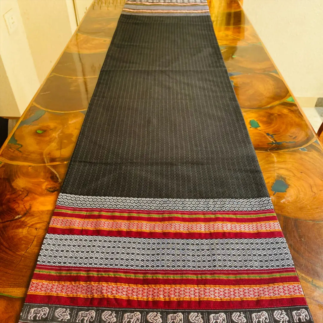Handmade Black Elephant Design Khunn Fabric Cotton Table Runner | 12 x 60 Inch