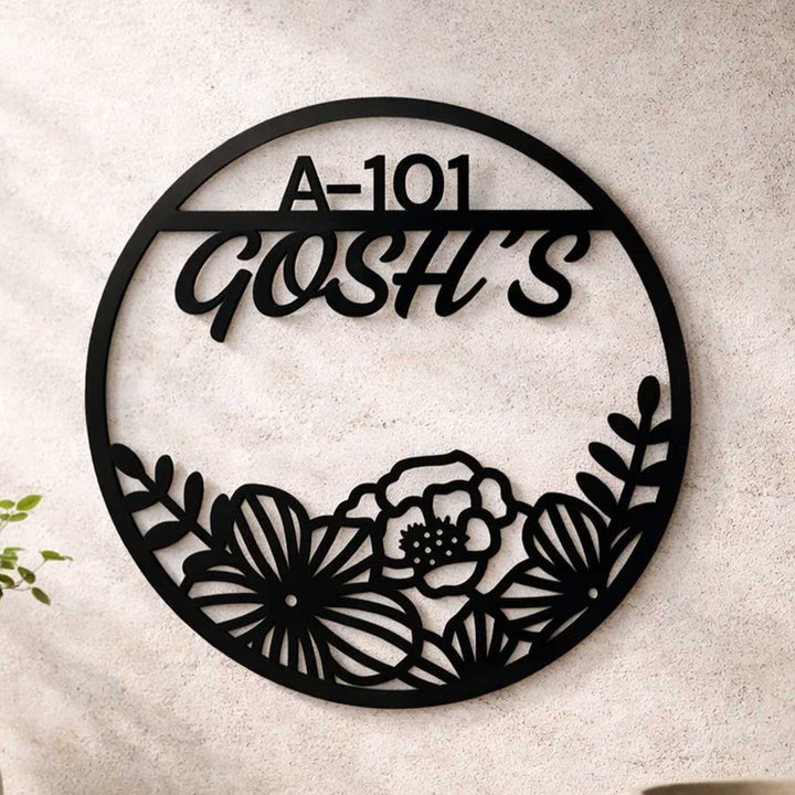 "Floral Halo" Round Personalized Weatherproof Stainless Steel Name Plate For Home