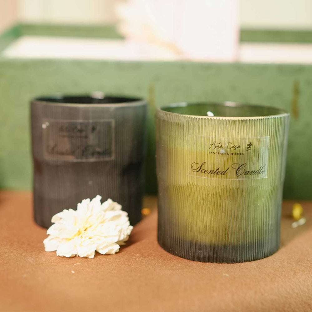 Personalized Handmade Fragrance Lover Rakhi Hamper Includes 1 Gift Box 1 Rakhis 1 Roli Chawal 1 Candle And 1 Message Card - Close-up Front View of Candles