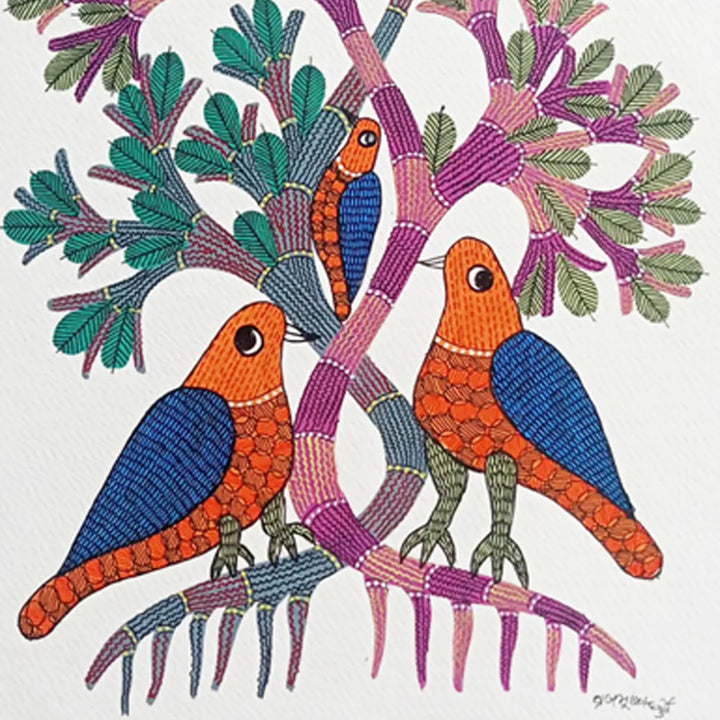 11 x 16 Inch | 3 Birds on Tree | Original Hand Painted Tribal Gond Art Painting | Acrylic Paint On Paper