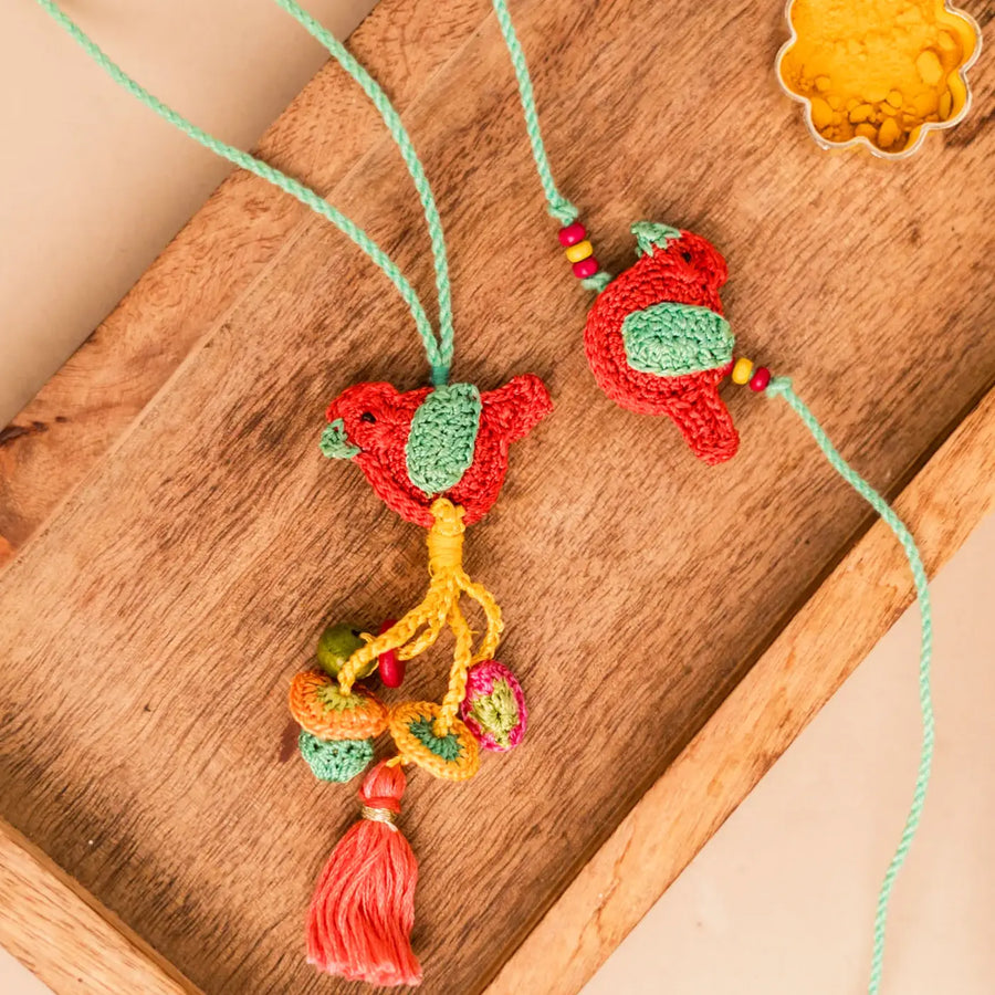 Handmade Crochet Birds Bhaiya Bhabhi Rakhi With Roli Chawal Set Of 2 - Close-up of Bird Charms