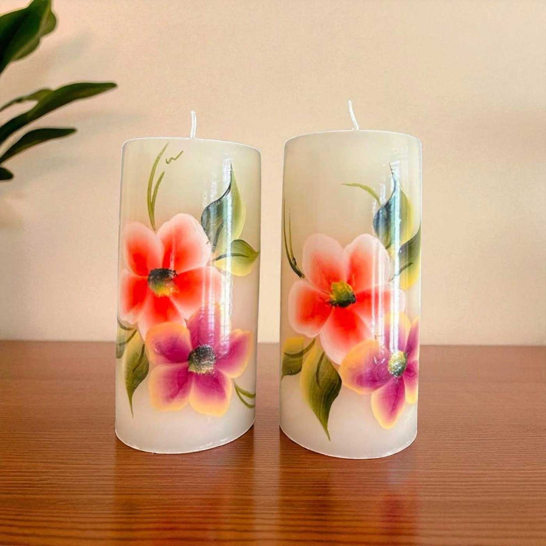 Hand-Painted Orange & Purple Flowers Circular Paraffin Scented Candle | Set Of 2