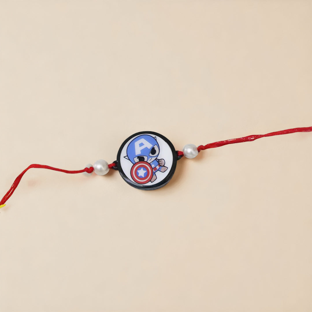 Handmade Captain America Theme Kids Rakhi With Roli Chawal