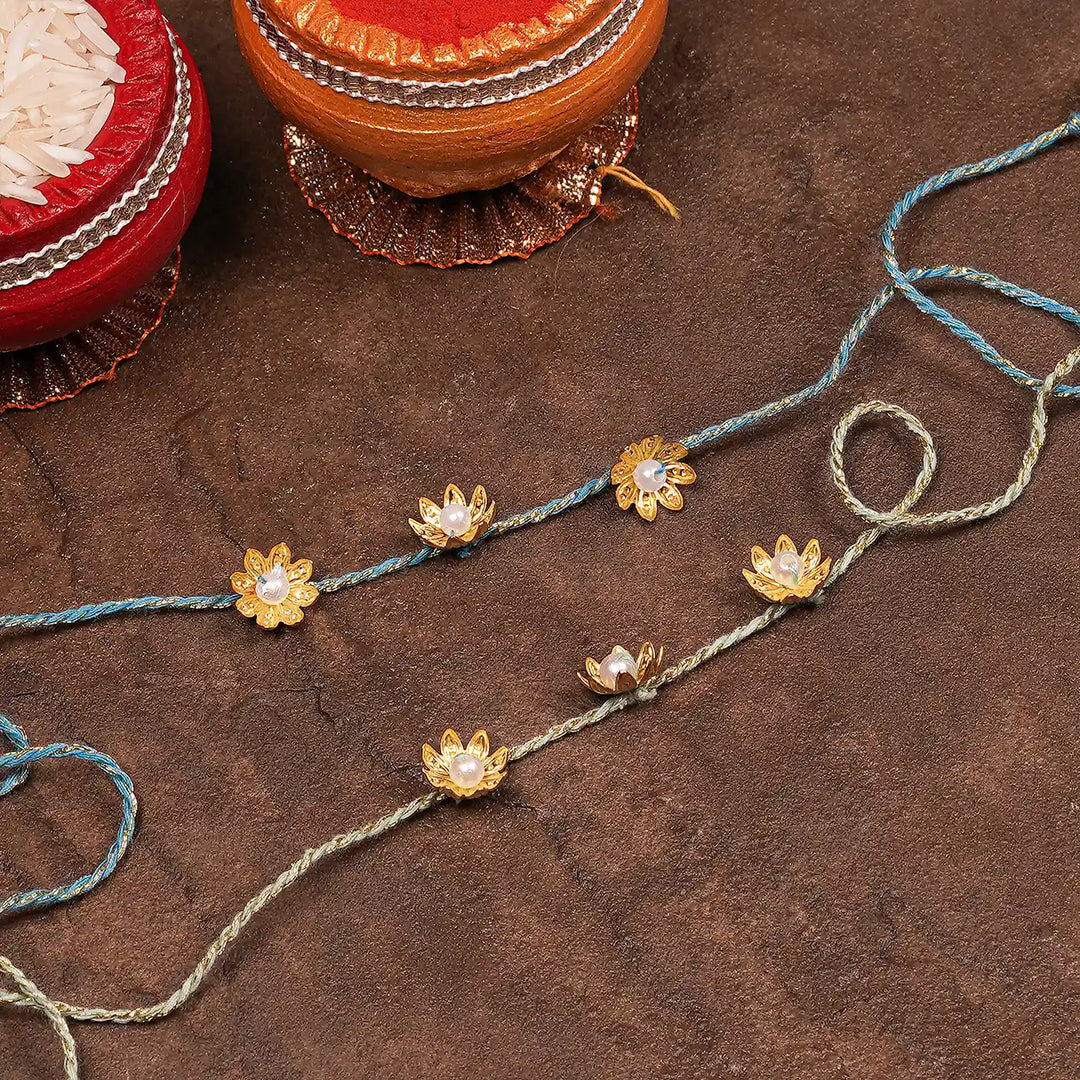 Handmade Golden Flower Rakhi With Roli Chawal Set Of 2 - Decorative Setup View