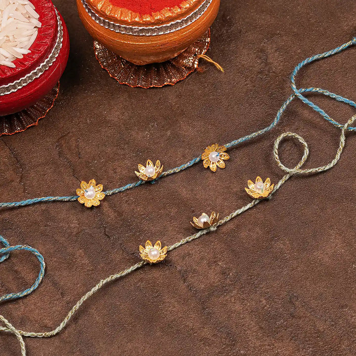 Handmade Golden Flower Rakhi With Roli Chawal Set Of 2 - Decorative Setup View