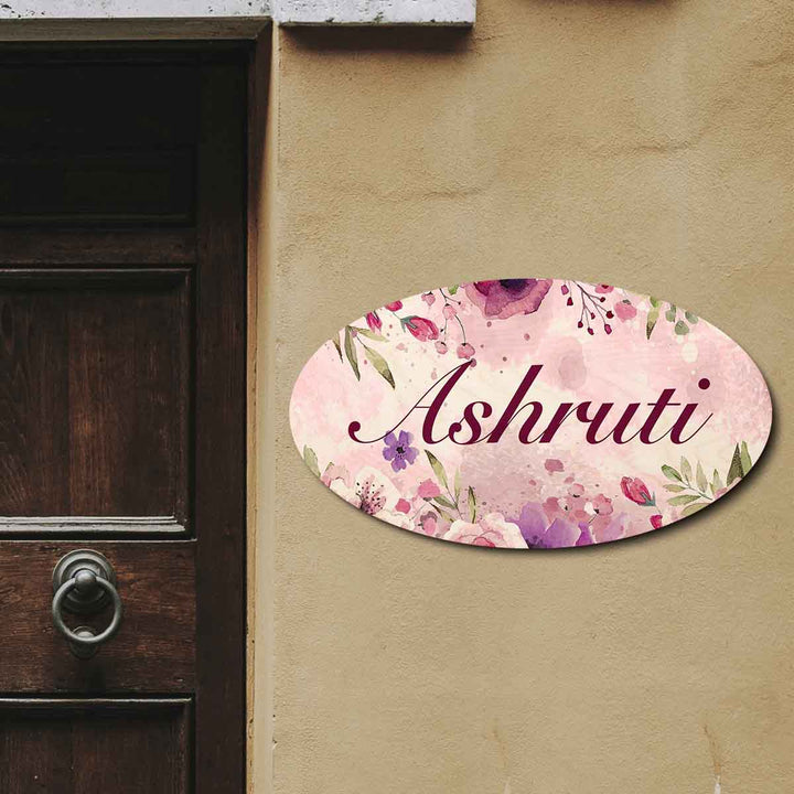 Printed Spring Floral Wooden Oval Nameplate For Family