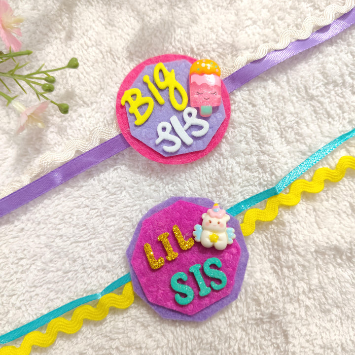 Handmade "Big Sis" & "Lil Sis" Felt Kids Rakhi Combo With Roli Chawal For Sisters | Set Of 2