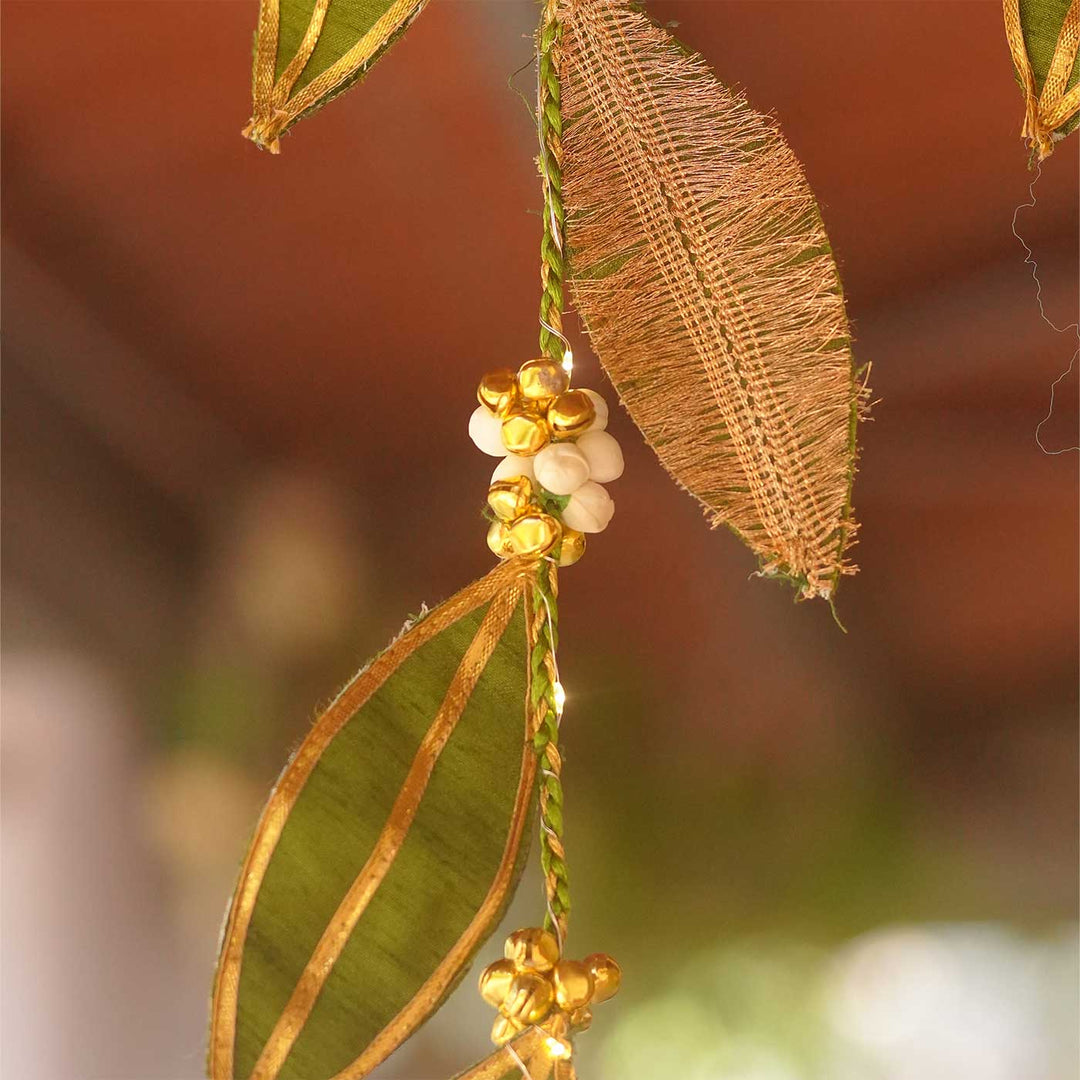 Handmade Mango Leaf Aam Patta Silk Wall Hanging String With LED Lights, Ghungroo Bells & Lace