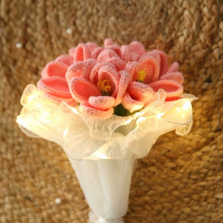 Handmade Crochet Acrylic Yarn Flower Bouquet With Fairy Light Wrap