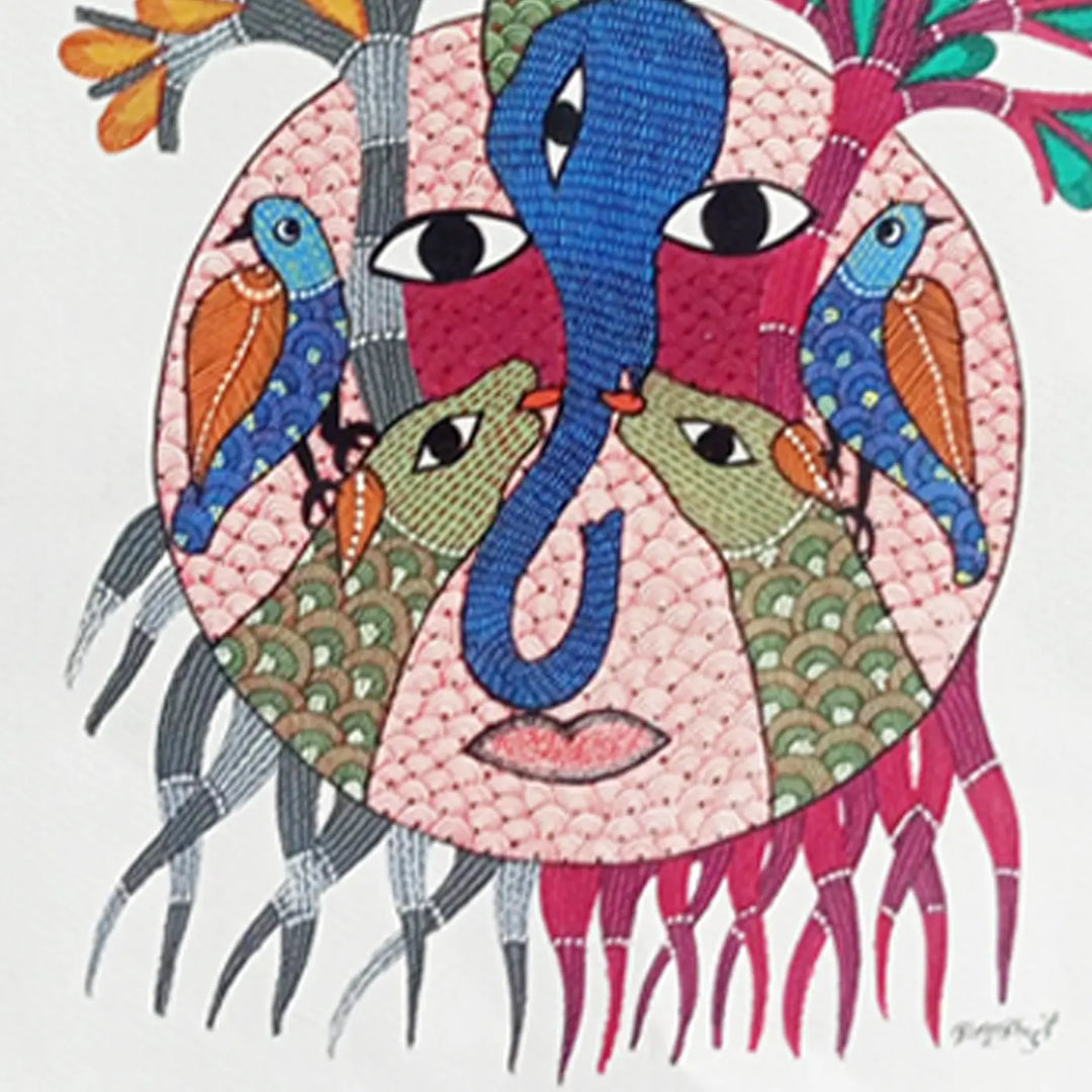11 x 16 Inch | Trees, Birds & Human Face | Original Hand Painted Tribal Gond Art Painting | Acrylic Paint On Paper