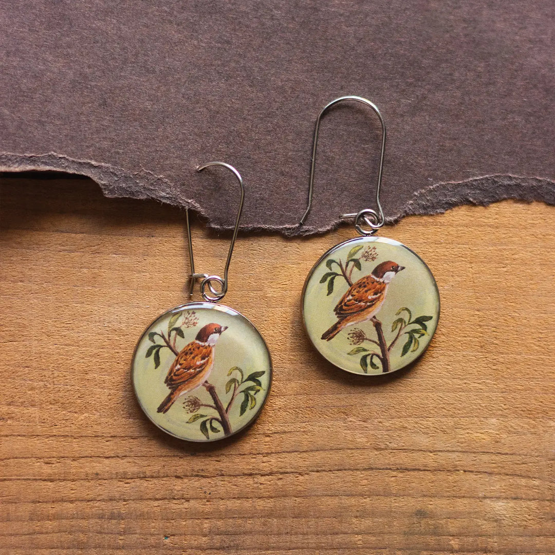 Illustrated Sparrow Theme Resin & Stainless Steel Earrings