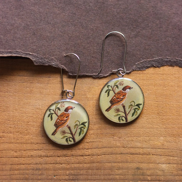 Illustrated Sparrow Theme Resin & Stainless Steel Earrings