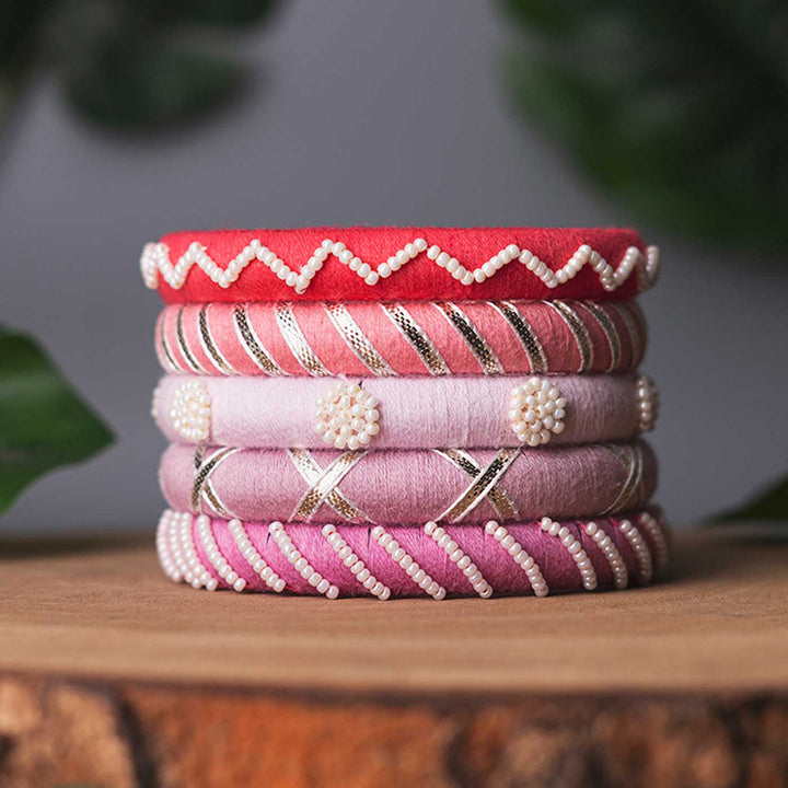 Pastel Handcrafted Small Beads & Silver Gotta Patti Bangles | Set of 5