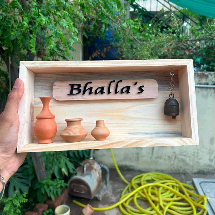 Handcrafted Personalized Shadowbox Pinewood Name Plate With Brown Mini Pots & Copper Bell For Home