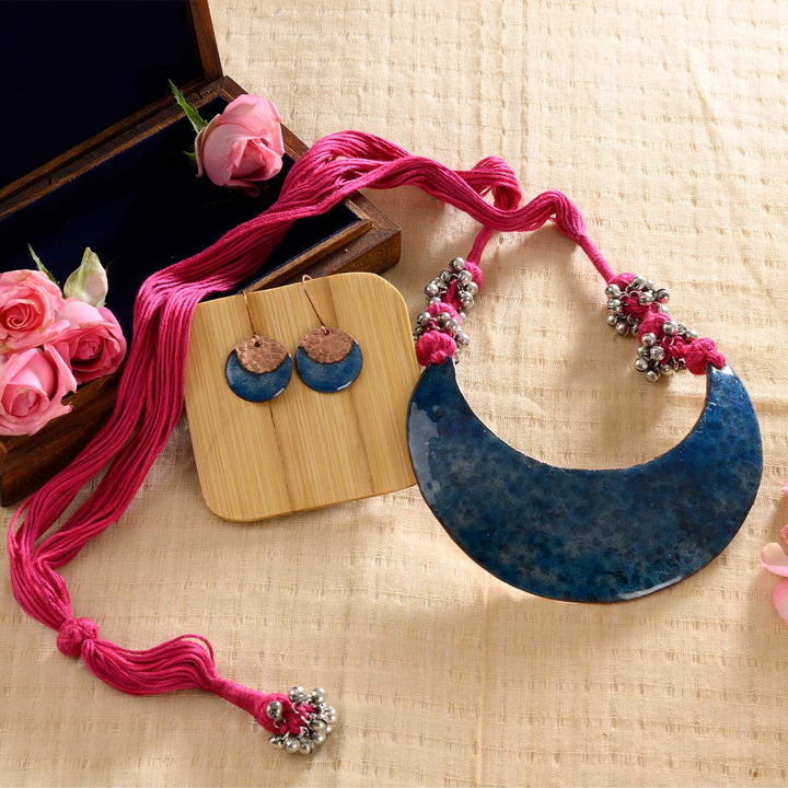 Handmade New Moon Shaped Ghungroo Copper Pendant With Earrings