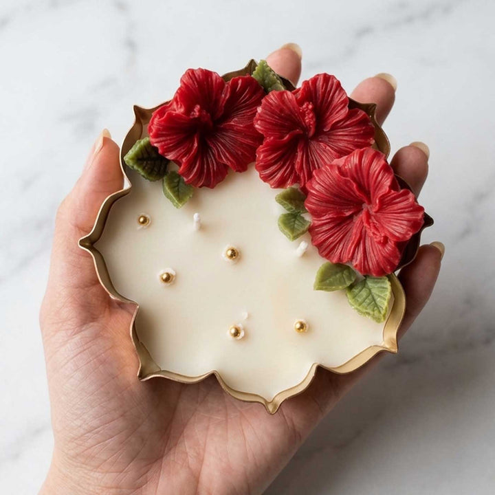 Handmade Hibiscus Flower Lotus-Shaped Soy Wax Urli Candle With Rose Fragrance