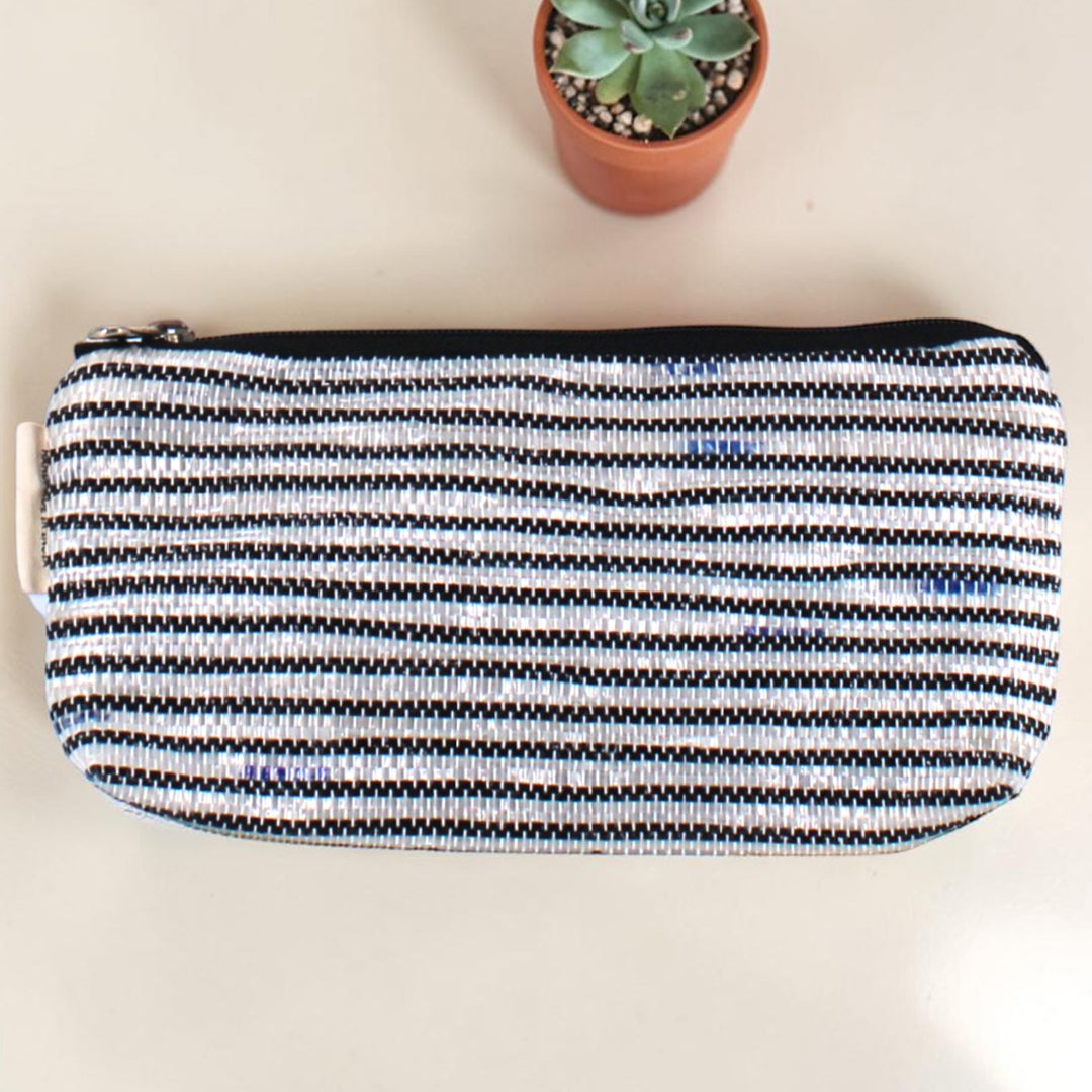 Black and White Striped Upcycled Plastic Handcrafted Multi-Purpose Pouch