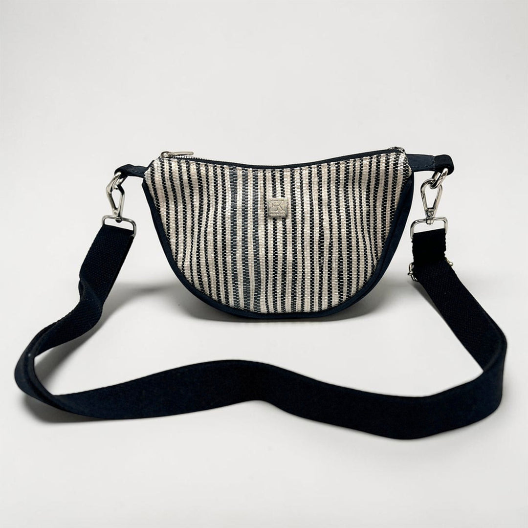 White and Black Striped Upcycled Plastic Handcrafted Mini Curve Sling Bag