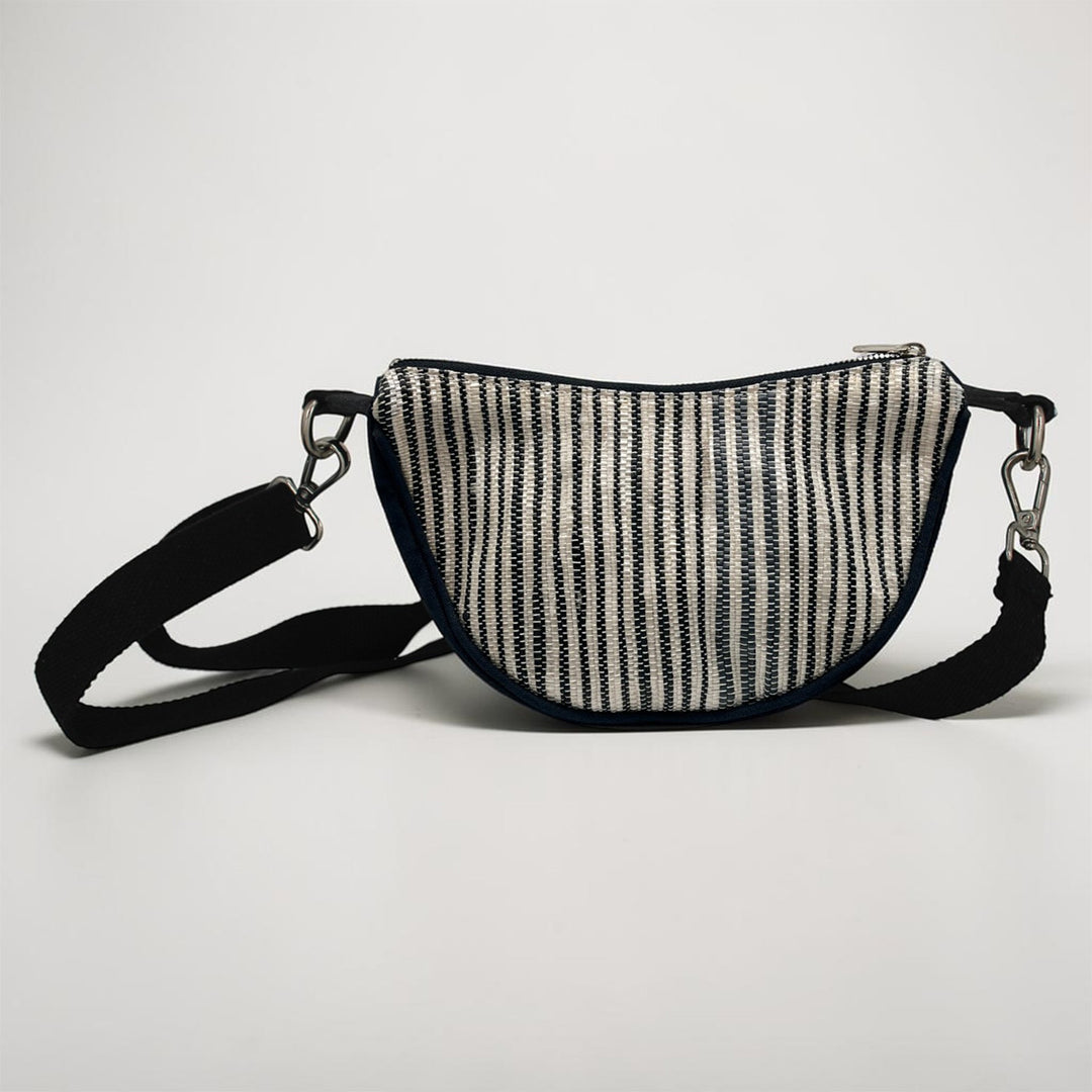 White and Black Striped Upcycled Plastic Handcrafted Mini Curve Sling Bag