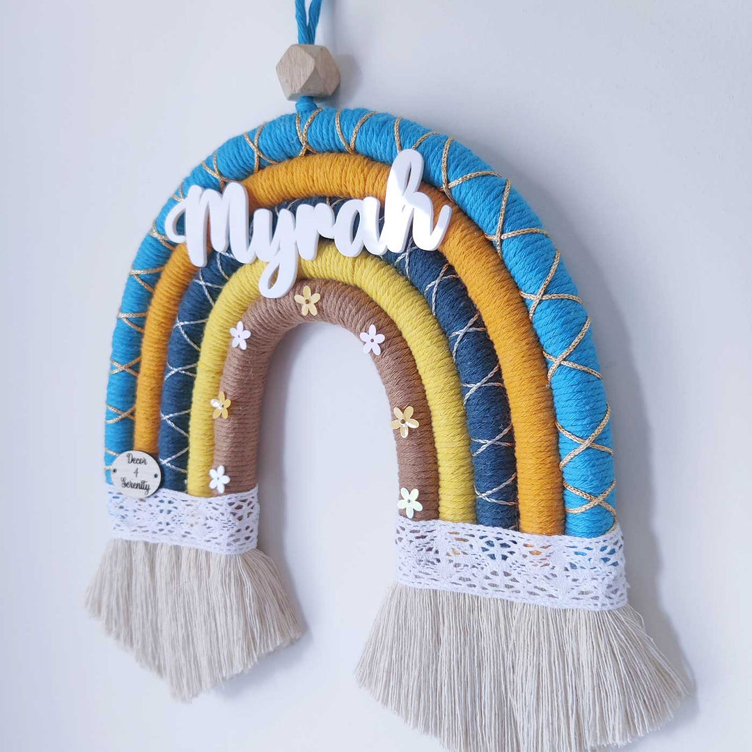 Personalized Handmade Macrame Blue & Yellow Rainbow Kids Name Plate With 3D Letters
