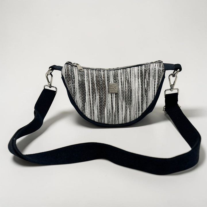 Abstract White and Black Striped Upcycled Plastic Handcrafted Mini Curve Sling Bag