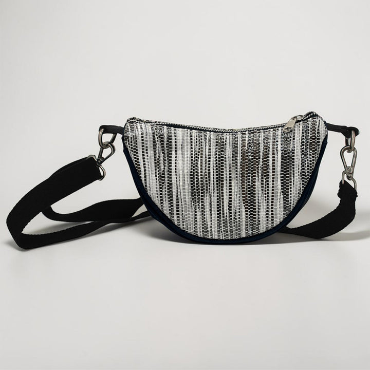 Abstract White and Black Striped Upcycled Plastic Handcrafted Mini Curve Sling Bag