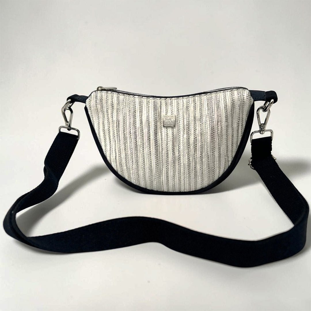 White and Silver Striped Upcycled Plastic Handcrafted Mini Curve Sling Bag