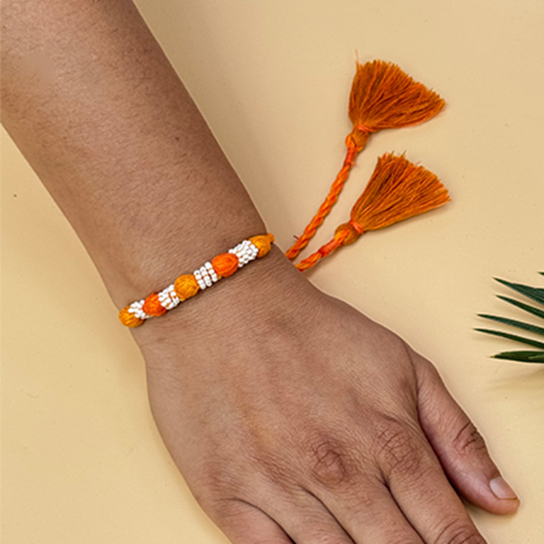Handmade Reusable Orange And Yellow Beaded Patwa Rakhi For Brother