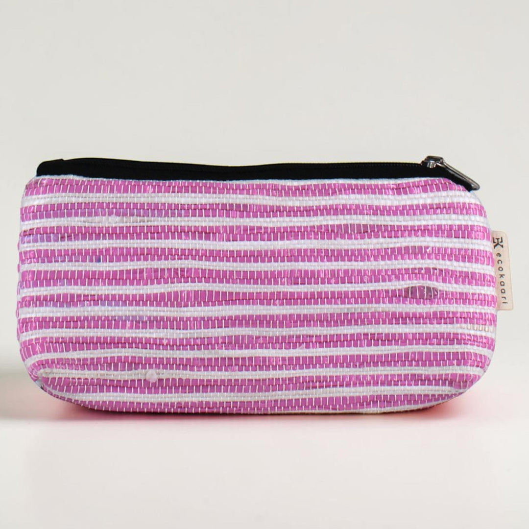 Pink and White Striped Upcycled Plastic Handcrafted Multi-Purpose Pouch