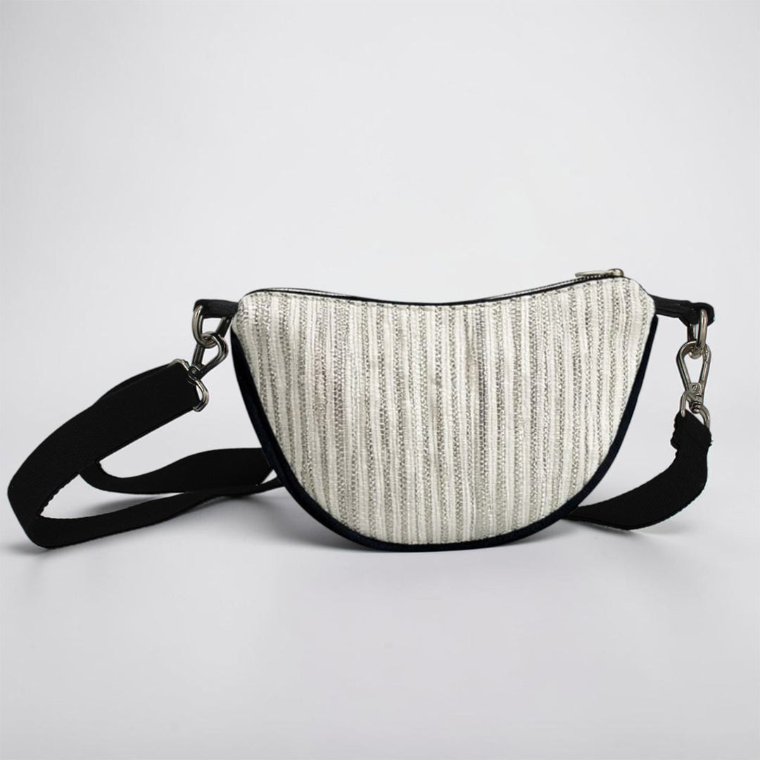 White and Silver Striped Upcycled Plastic Handcrafted Mini Curve Sling Bag