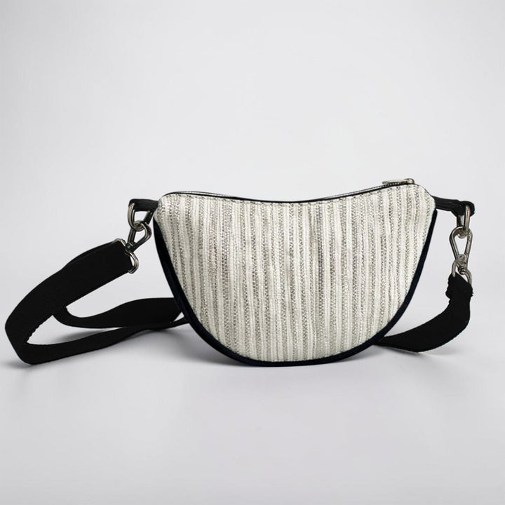 White and Silver Striped Upcycled Plastic Handcrafted Mini Curve Sling Bag