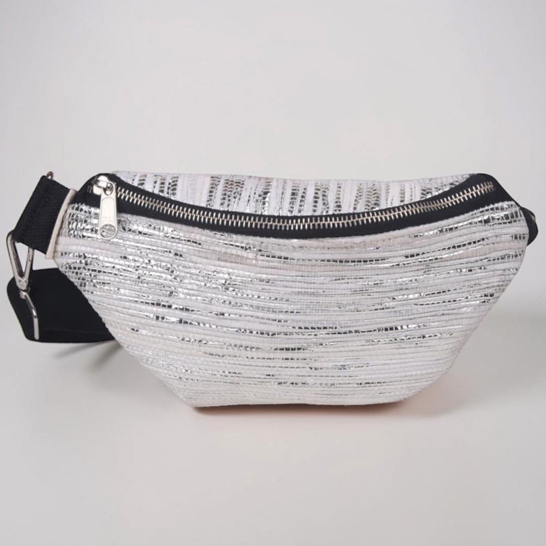 Silver and White Upcycled Handcrafted Lightweight Plastic Fanny Pack Crossbody Bag
