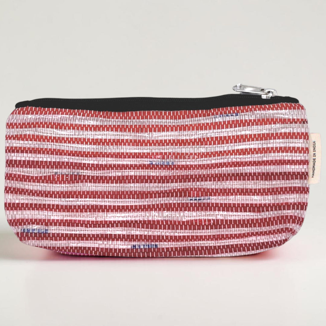 White and Silver Striped Upcycled Plastic Handcrafted Multi-Purpose Pouch