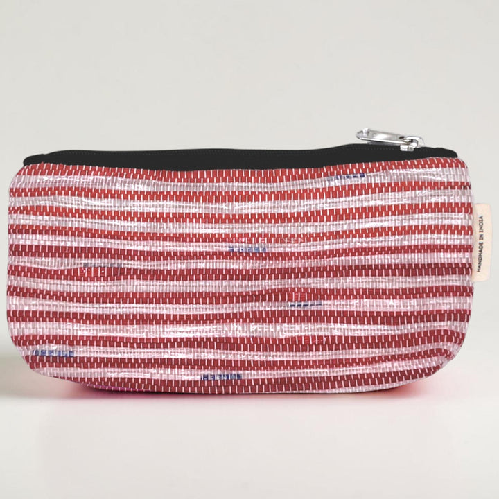 White and Silver Striped Upcycled Plastic Handcrafted Multi-Purpose Pouch